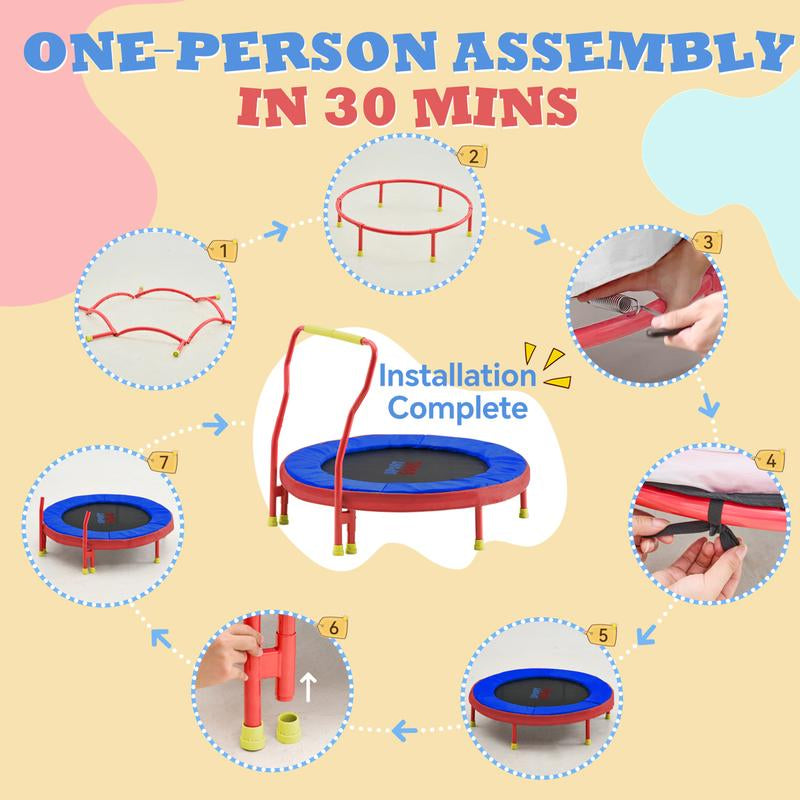 Sportsoul Kids Trampoline – 36” Indoor Mini Trampoline for Toddlers & Kids, with Non-Slip Foam Handle, Enclosed Design to Prevent Missteps, Stable & Safe Bounce